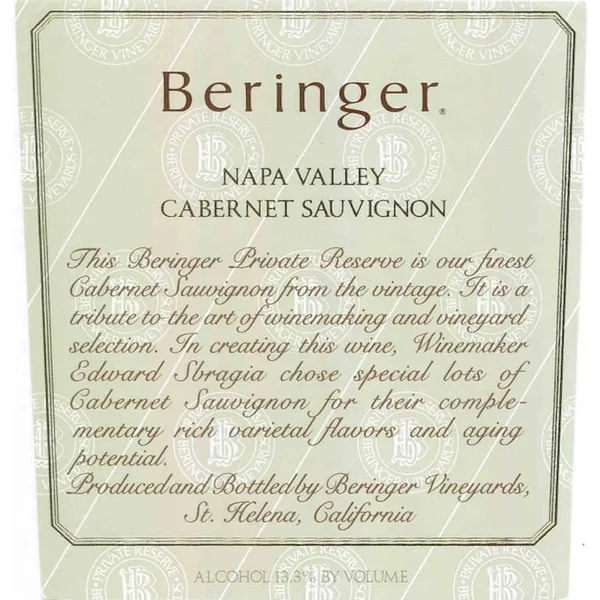 Beringer Cabernet Sauvignon Napa Valley Private Reserve* 1986
