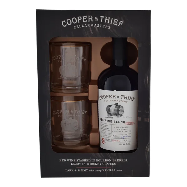 Cooper and Thief Bourbon Barrel Red Blend with Two Rocks Glasses Gift Set