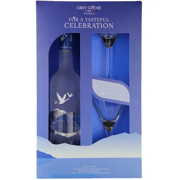 Grey Goose Vodka Gift Set with 2 Martini Glasses / 750 ml