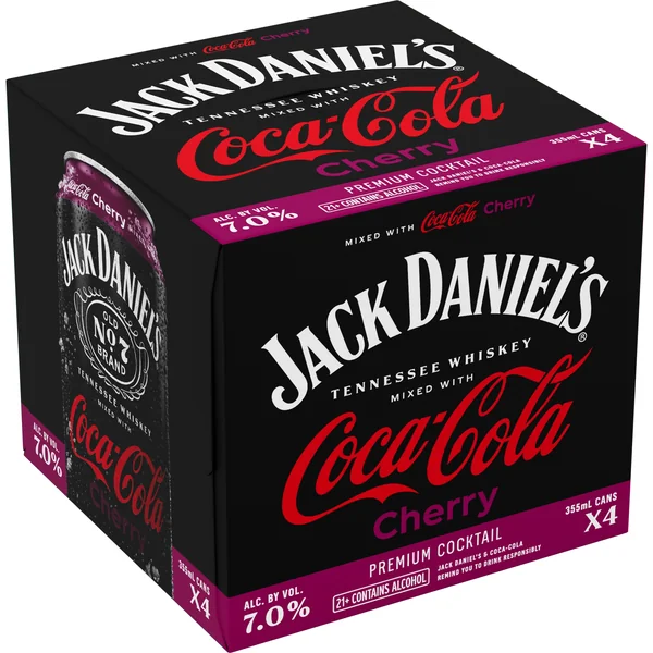 Jack Daniel's Cherry Coca Cola Tennessee Whiskey Cocktail 4x355 mL Cans