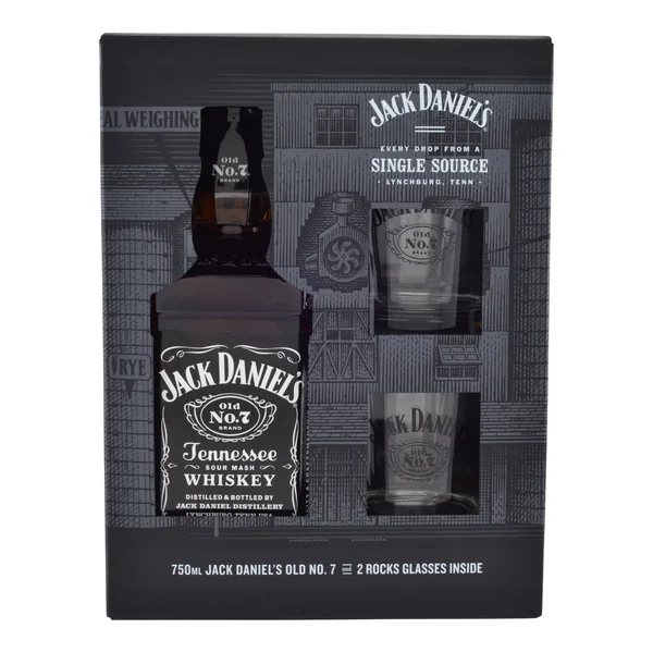 Jack Daniel's Old No 7 Black Label Tennessee Whiskey with 2 Rocks Glasses Gift Set