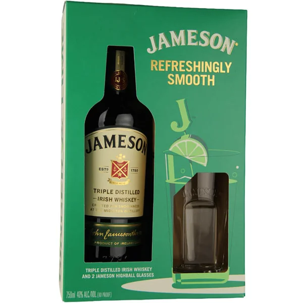 Jameson Irish Whiskey Gift Set with 2 Highball Glasses / 750 ml