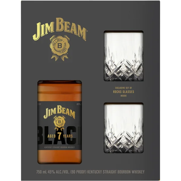 Jim Beam Black Straight Bourbon Extra Aged with Two Smokey Rocks Glasses