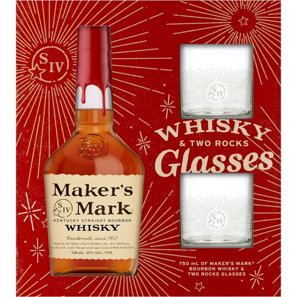 Makers Mark Straight Bourbon with Two Rocks Glasses