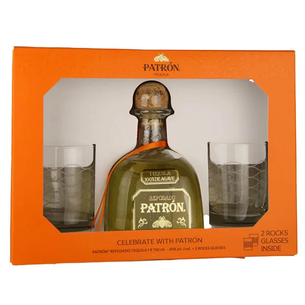 Patron Reposado Tequila Gift Set with 2 Rocks Glasses / 750 ml